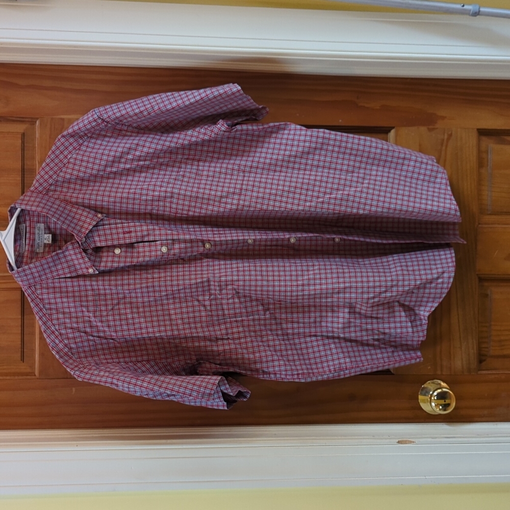 Men's short sleeve red checked dress shirt